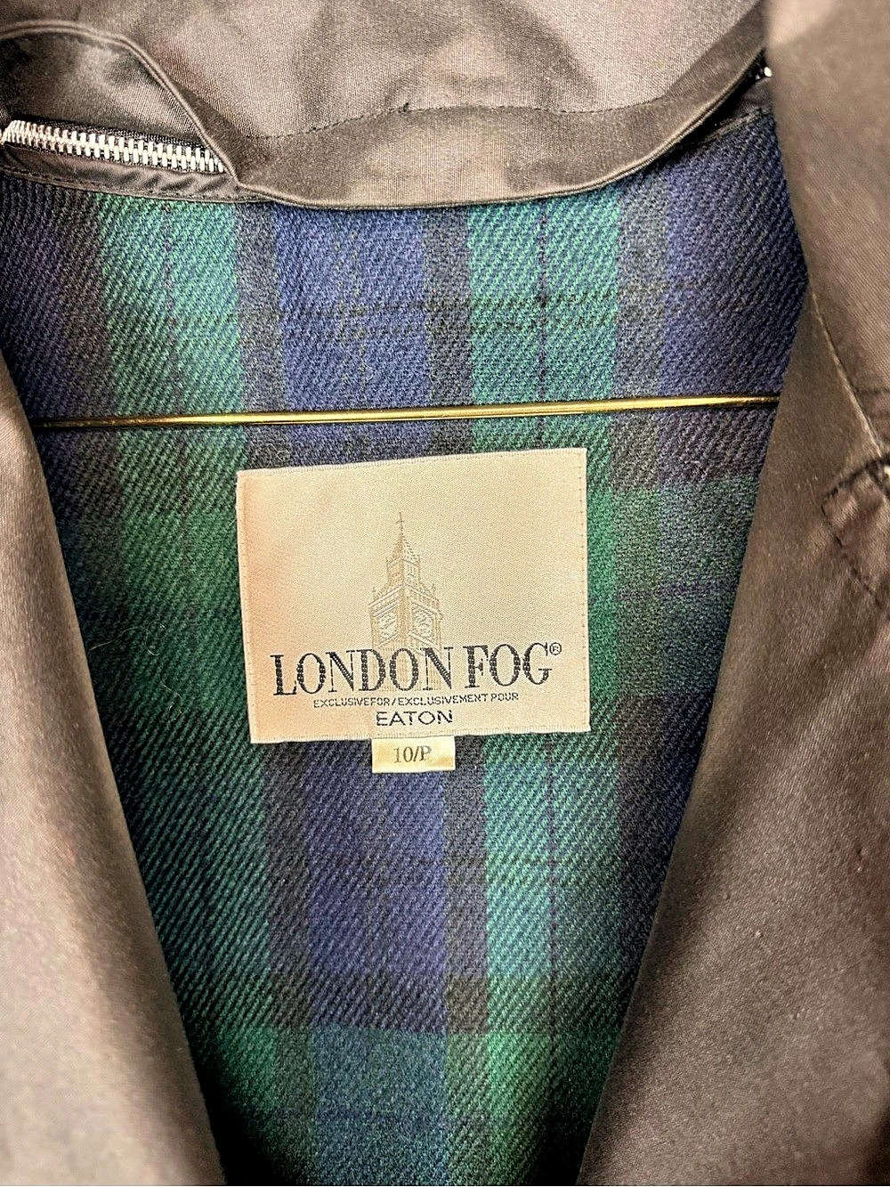 London Fog Eaton Plaid Lined Trench Coat Black & Green Medium